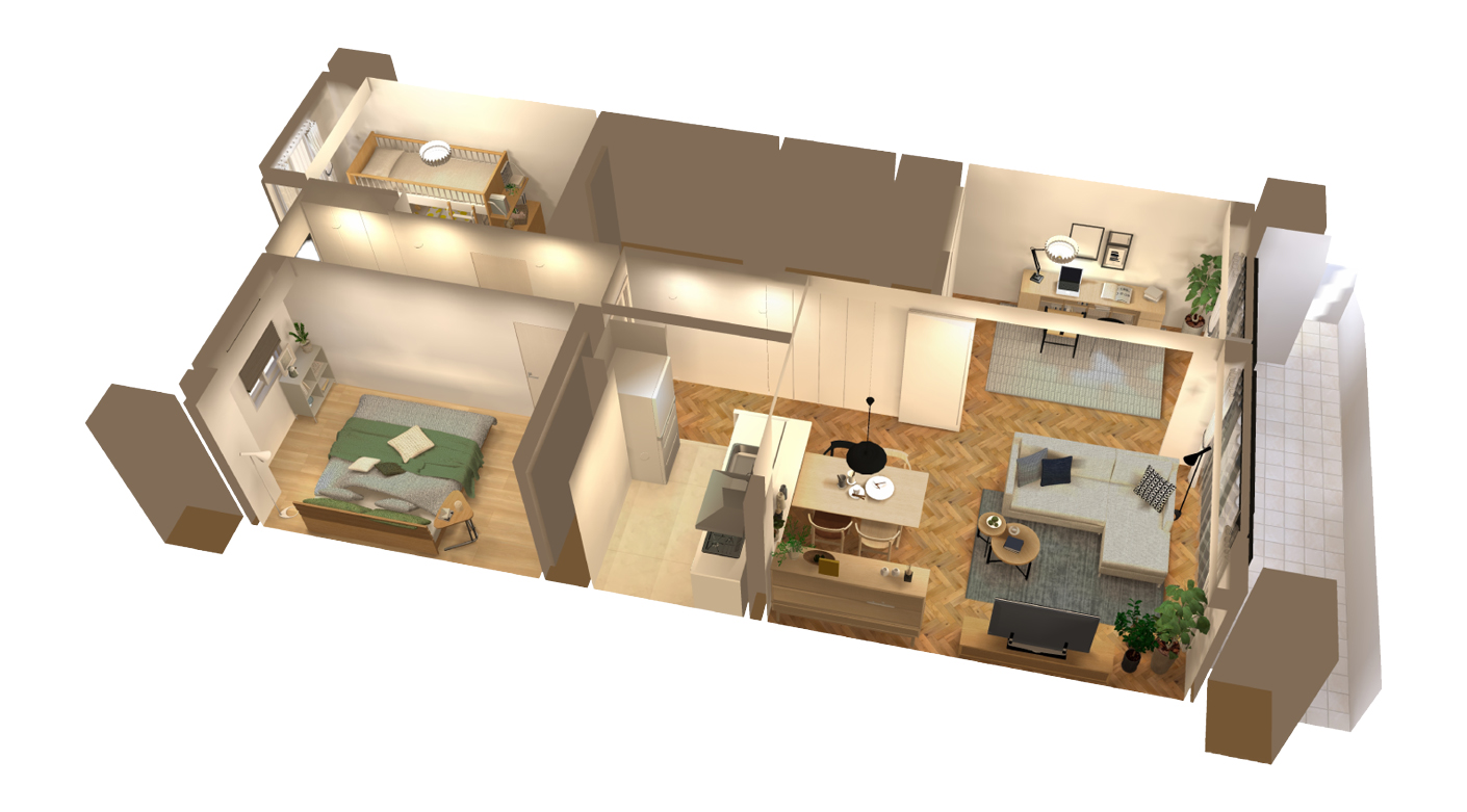 リビングダイニング、ベットルームや子供部屋まで、<br />
トータルでお部屋の雰囲気をご覧いただけます。